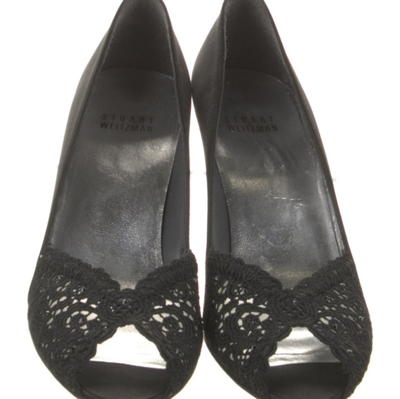 Stuart Weitzman Satin Black Lace Peep Toe Pumps - Picture 4 of 6